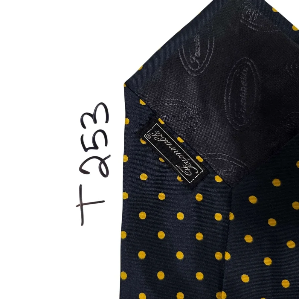 Faconnable Silk Polka Dot Necktie Navy‎ Blue Yellow Handmade Made in France